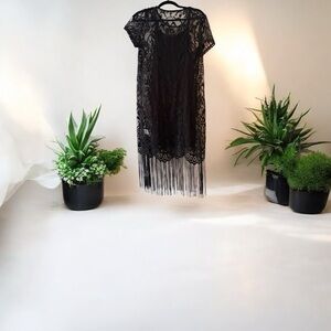 SHEIN Black Lace Detail Blouse with fringe size large